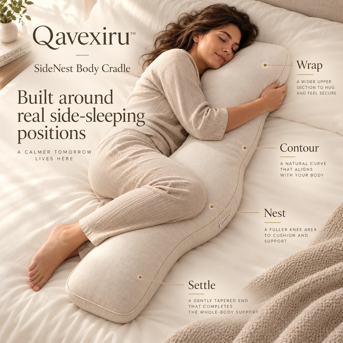 Qavexiru™ SideNest Body Cradle A Body Pillow Reimagined Around the Shape of You