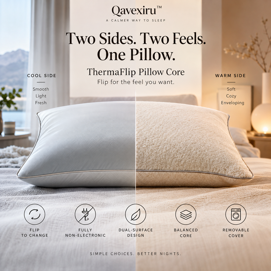 Qavexiru™ ThermaFlip Pillow Core Two Sides. Two Feels. One Pillow.