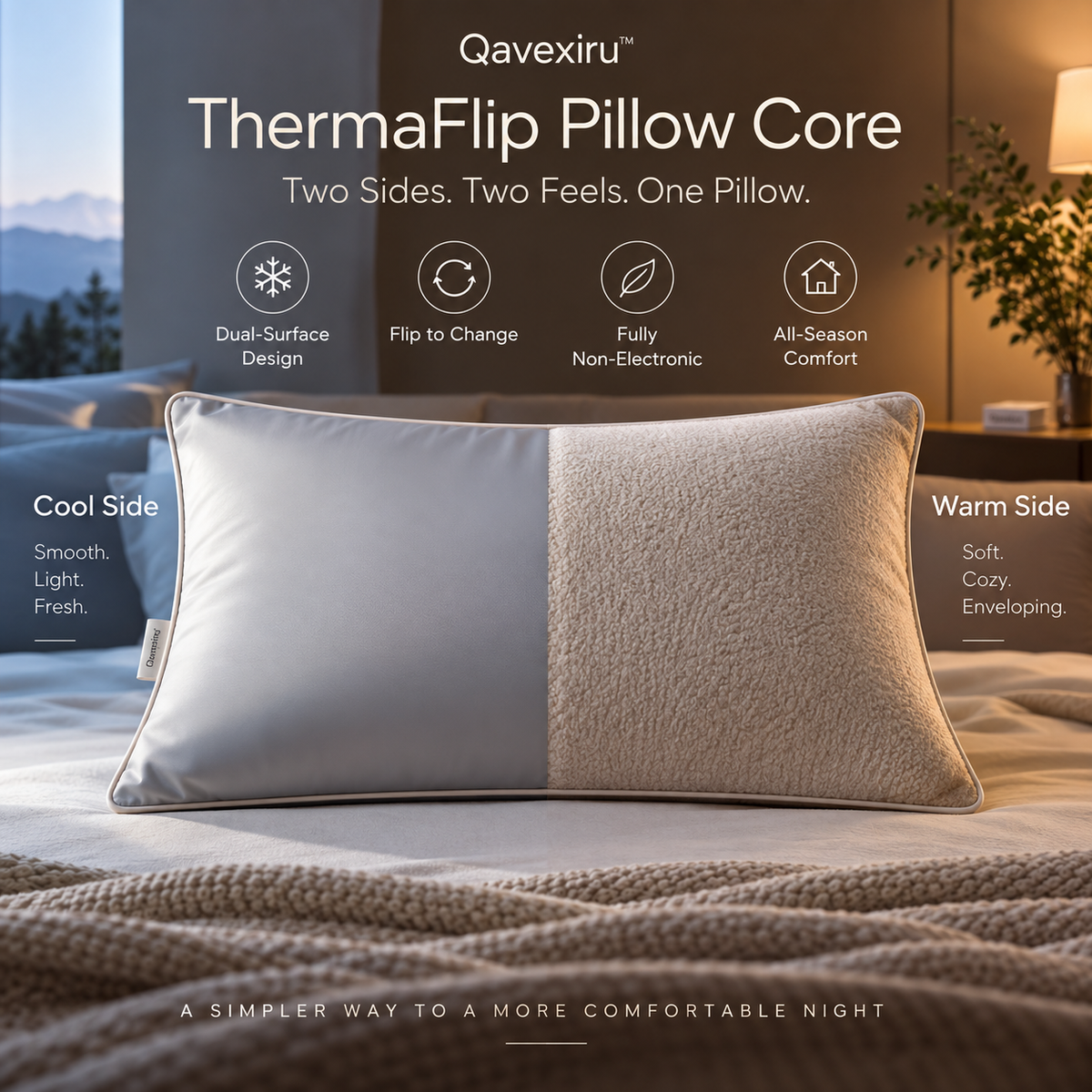 Qavexiru™ ThermaFlip Pillow Core Two Sides. Two Feels. One Pillow.
