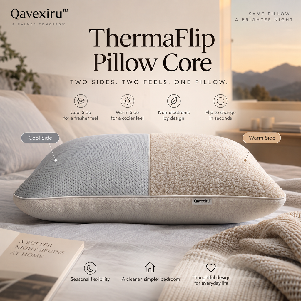 Qavexiru™ ThermaFlip Pillow Core Two Sides. Two Feels. One Pillow.