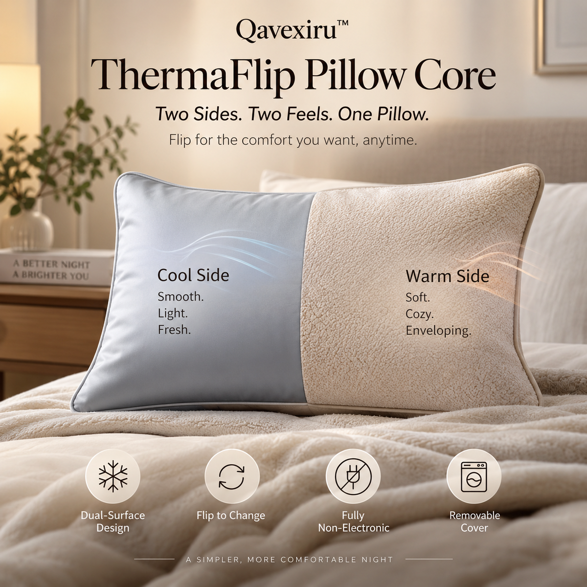 Qavexiru™ ThermaFlip Pillow Core Two Sides. Two Feels. One Pillow.