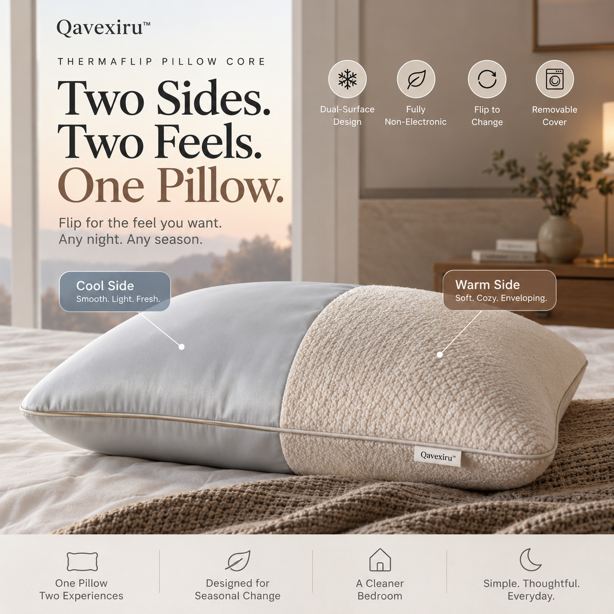 Qavexiru™ ThermaFlip Pillow Core Two Sides. Two Feels. One Pillow.