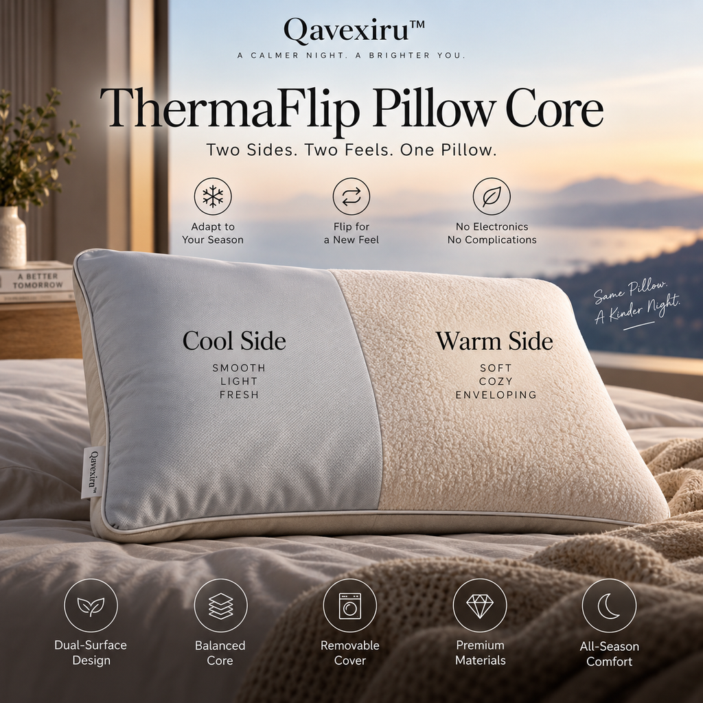 Qavexiru™ ThermaFlip Pillow Core Two Sides. Two Feels. One Pillow.