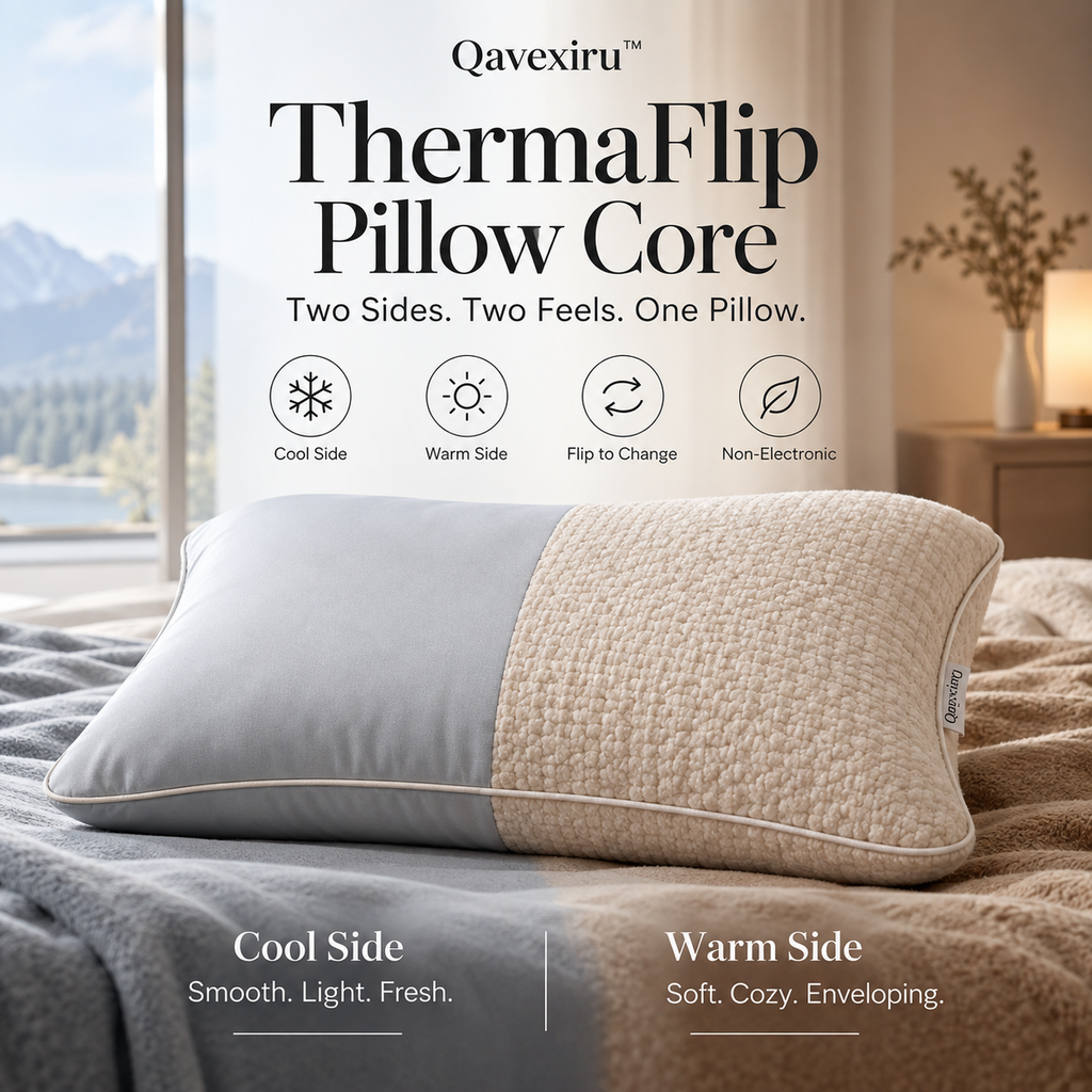 Qavexiru™ ThermaFlip Pillow Core Two Sides. Two Feels. One Pillow.