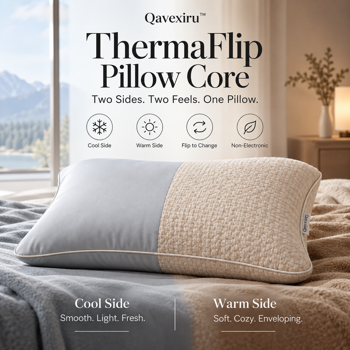 Qavexiru™ ThermaFlip Pillow Core Two Sides. Two Feels. One Pillow.