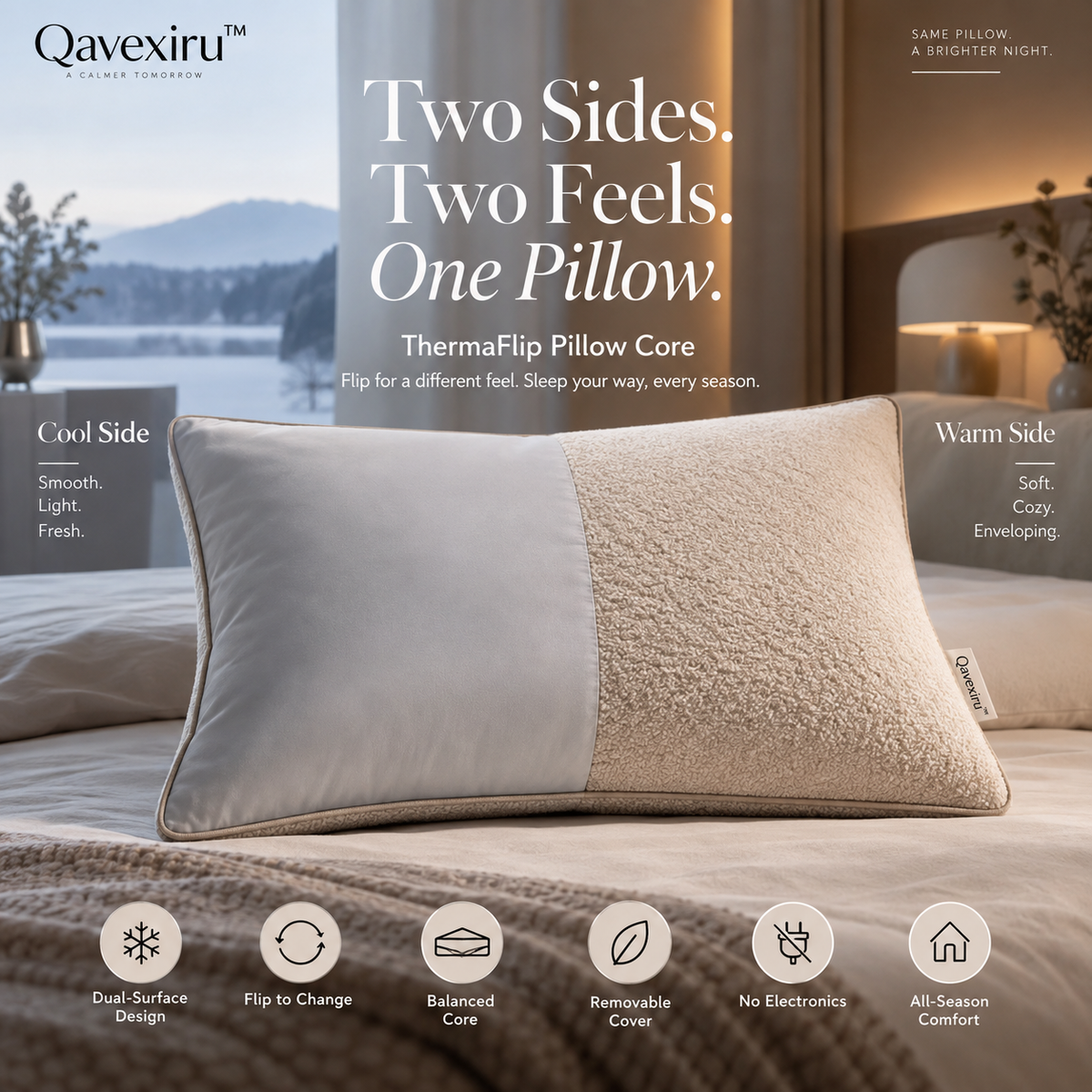 Qavexiru™ ThermaFlip Pillow Core Two Sides. Two Feels. One Pillow.
